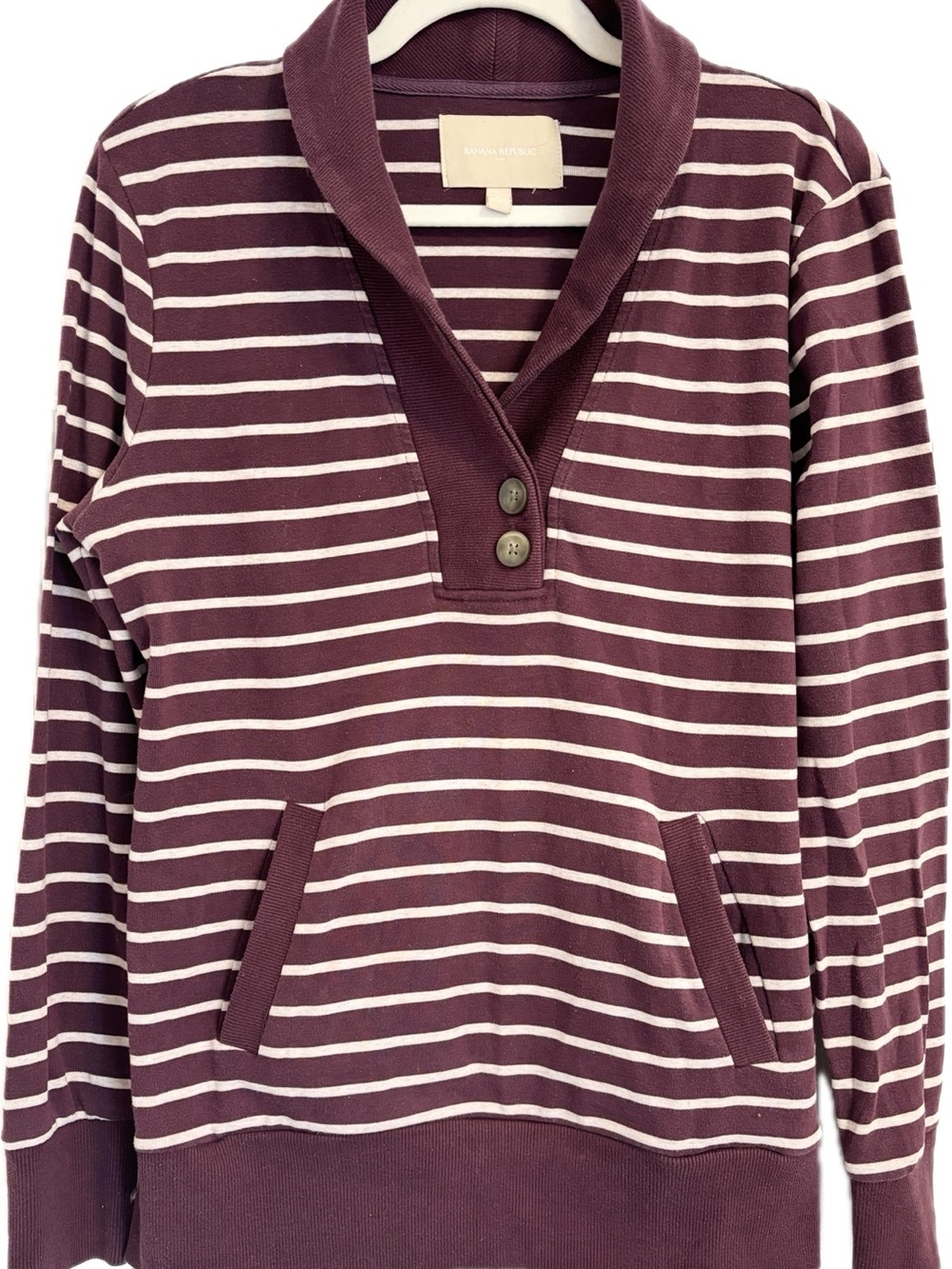 Banana Republic Factory Burgundy and Cream Striped Shawl-Collar Pullover